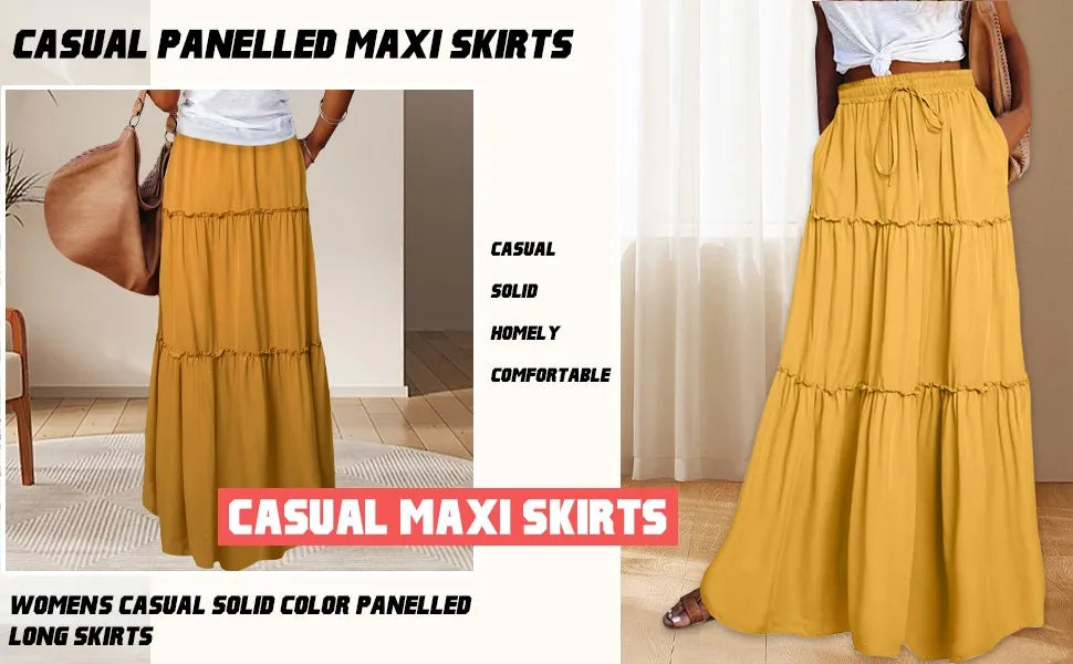 Women's Fashion Solid Color Skirts Ruffled layered skirt High waist elasticated ruffled Tie long skirt summer Loose Skirt faldas