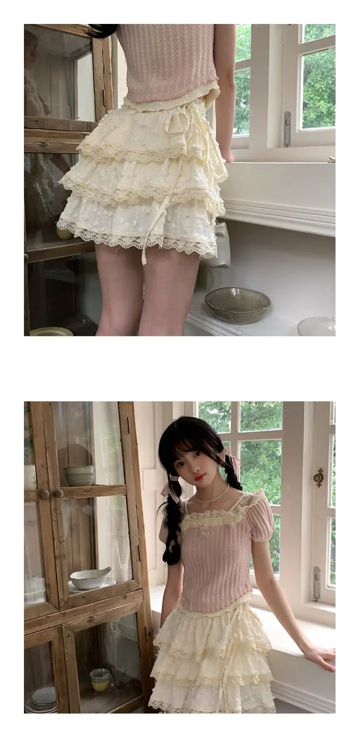 Mini Skirts Women Sweet Kawaii Lace Ruffles Patchwork Y2k Beige Japanese Lolita Streetwear All-match Party Students Summer Chic