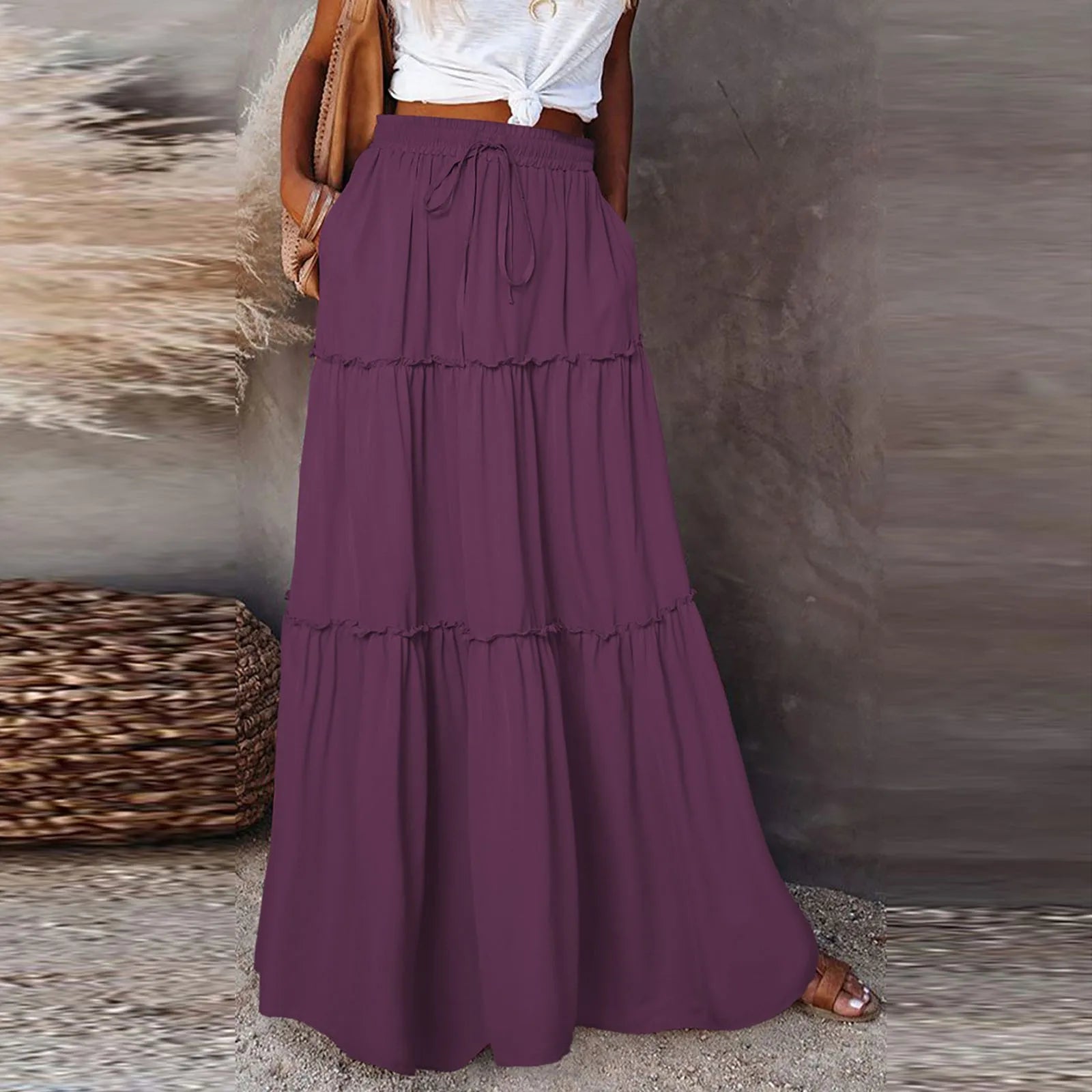 Women's Fashion Solid Color Skirts Ruffled layered skirt High waist elasticated ruffled Tie long skirt summer Loose Skirt faldas