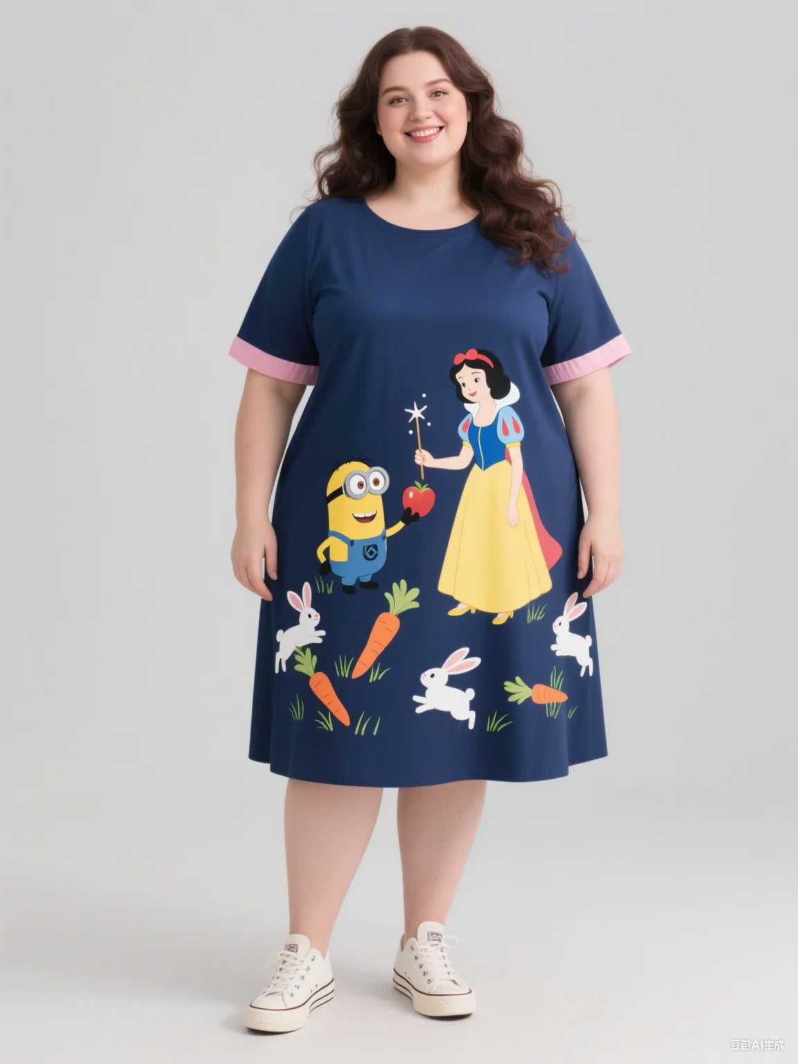 2025 Minions And Snow White Print Autumn Plus-Size Women's Dress Women's Sleeveless Round-Neck Dress For Fashionable Outfit