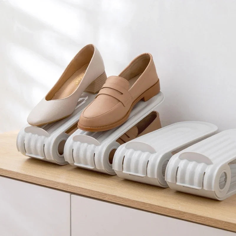 2pcs/set Adjustable Shoe Support Rack Double Layer PP Shoe Slots Organizer Adjustable Height Space Saving Orderly Organization