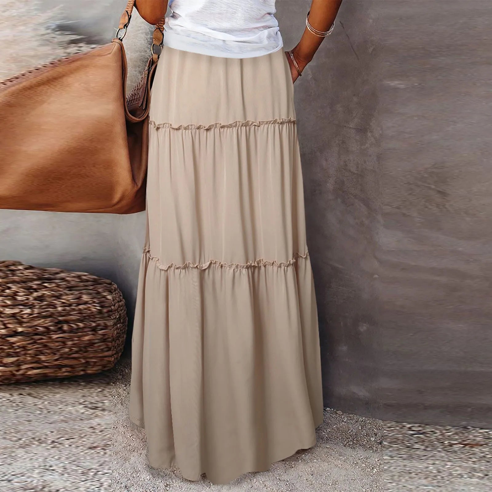 Women's Fashion Solid Color Skirts Ruffled layered skirt High waist elasticated ruffled Tie long skirt summer Loose Skirt faldas
