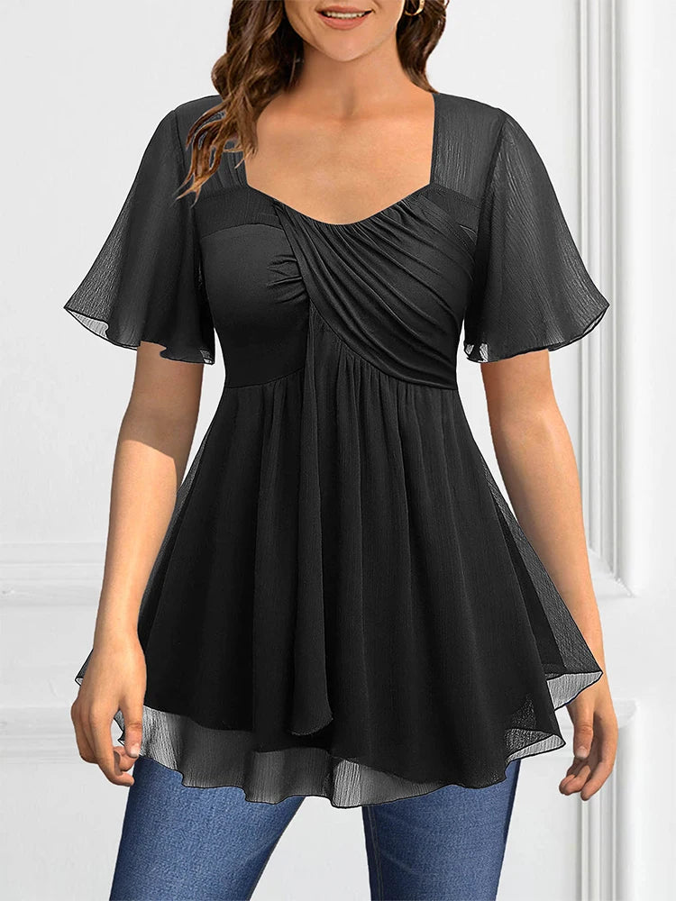 Women Plus Size Elegant Blouse Square Collar Pleated Double Layer Mesh Petal Sleeve Ruffle Hem Casual Summer 2025 New Female Tee