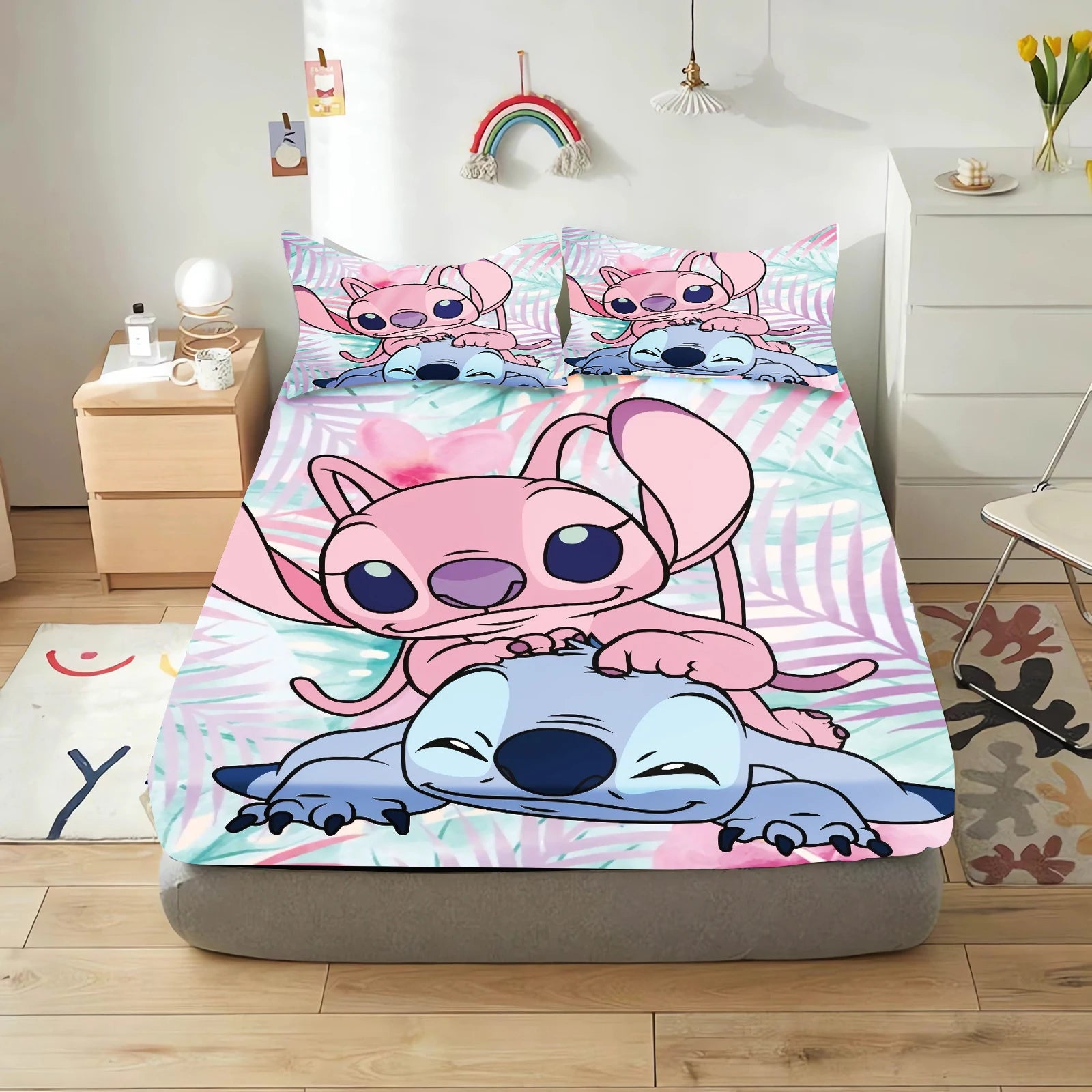 Stitch Cute Printed Cartoon Bedding Set Fitted Sheet Universal, Suitable For Children And Adults Nordica Plush Home Decor