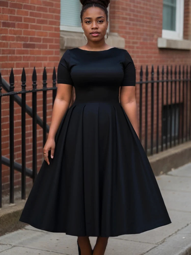 Women Plus Size Black Dress Short Sleeve Summer Casual Pleated A-Line Basic Long Dress Round Neck Fashion Evening Party Dresses