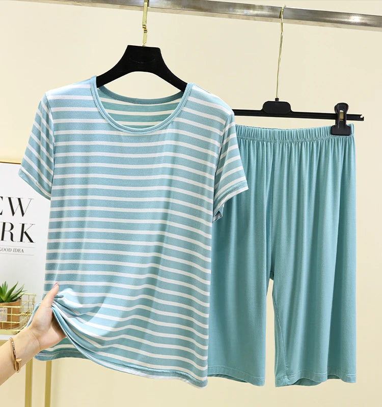 Modal Striped Spwear Set Women Summer Thin Loose ort Sve Casual orts Two Piece Set Comfortable Breathable Nightgown