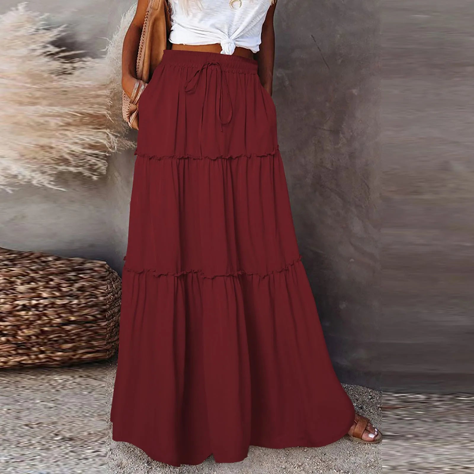 Women's Fashion Solid Color Skirts Ruffled layered skirt High waist elasticated ruffled Tie long skirt summer Loose Skirt faldas