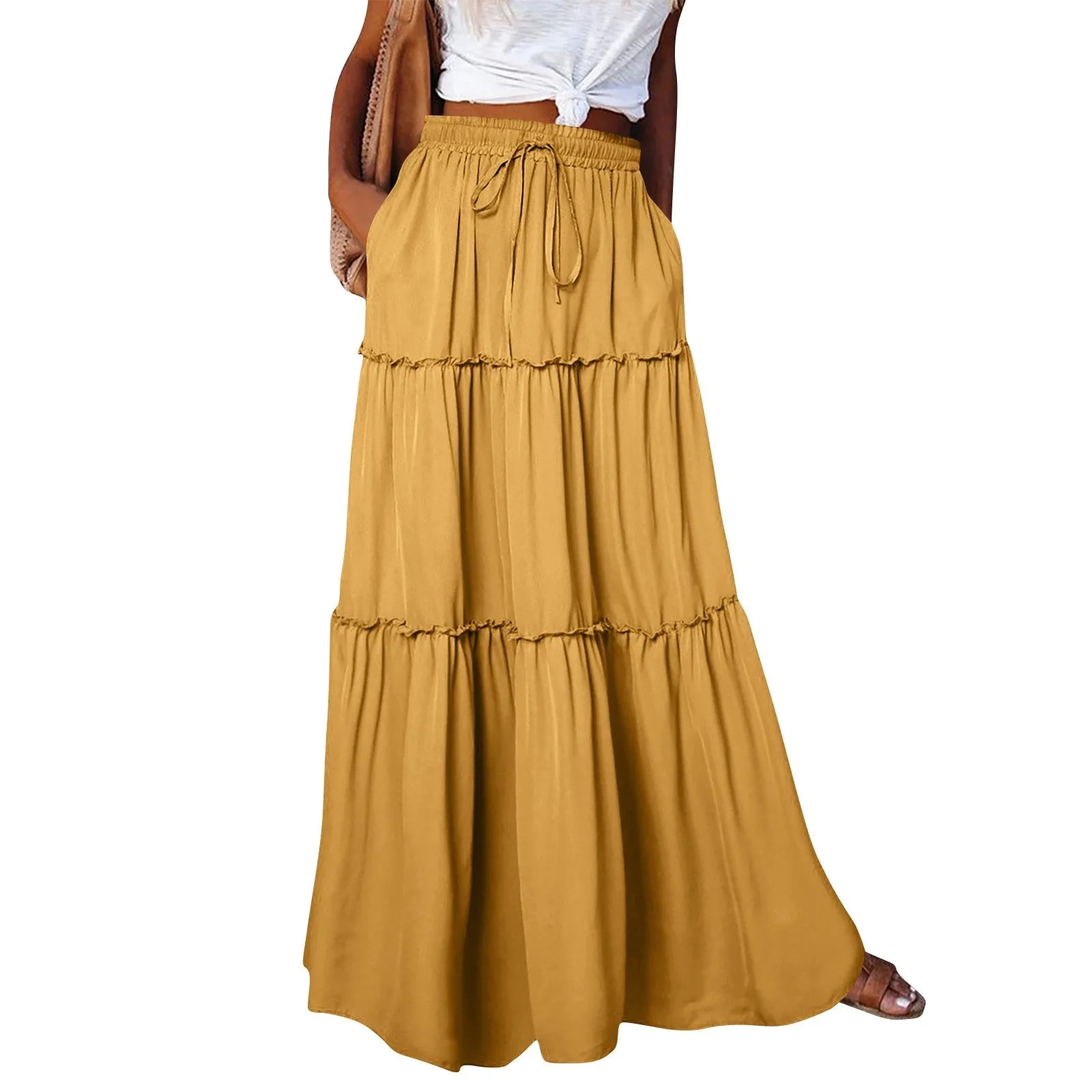 Women's Fashion Solid Color Skirts Ruffled layered skirt High waist elasticated ruffled Tie long skirt summer Loose Skirt faldas