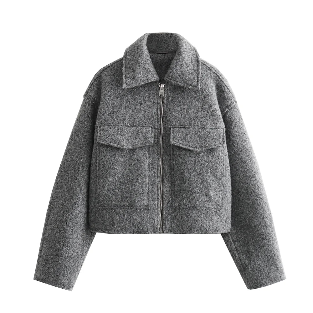 2024 Automne/Hiver Nouveau Produit Vêtements Décontractés pour Femmes Veste Courte à Col Simple et à Poches Décoratives, Élégante et à la Mode