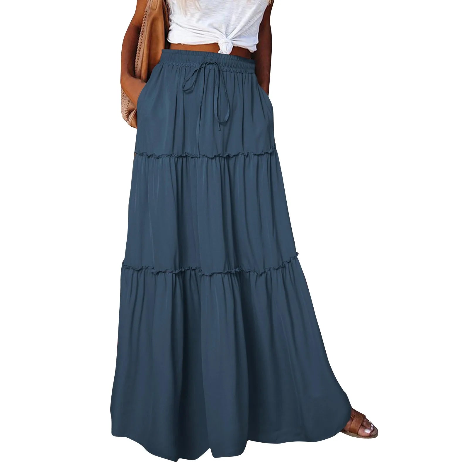 Women's Fashion Solid Color Skirts Ruffled layered skirt High waist elasticated ruffled Tie long skirt summer Loose Skirt faldas