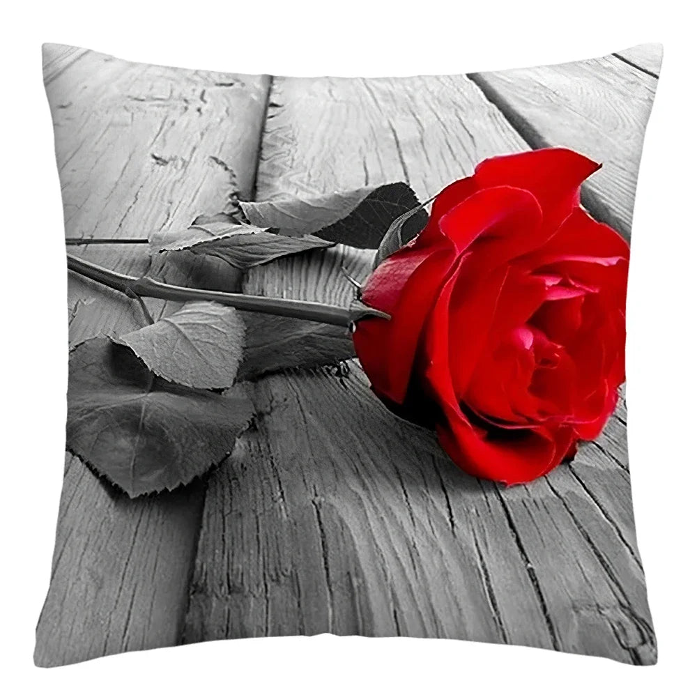 Poetic Red Rose Flower Print Polyester Pillowcase Sofa Cushion Cover Home Improvement  Decor Square 45x45