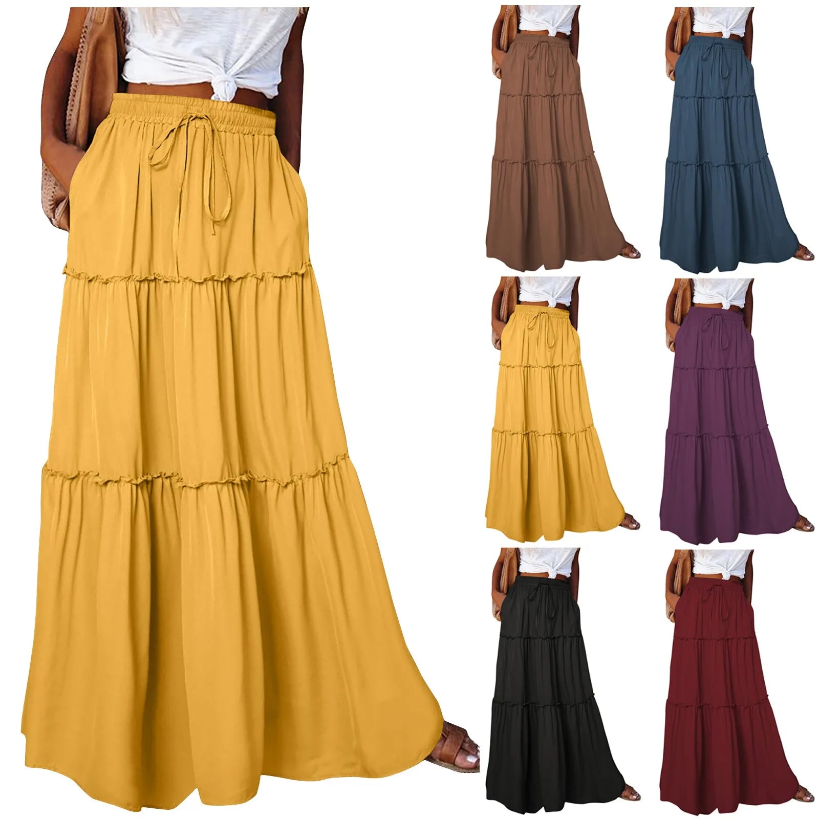 Women's Fashion Solid Color Skirts Ruffled layered skirt High waist elasticated ruffled Tie long skirt summer Loose Skirt faldas