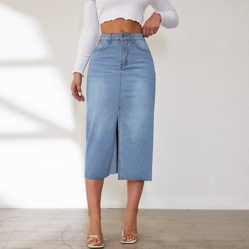High-Waisted Medium-Length Denim Skirt For Women A- Line Half-Length Underwear