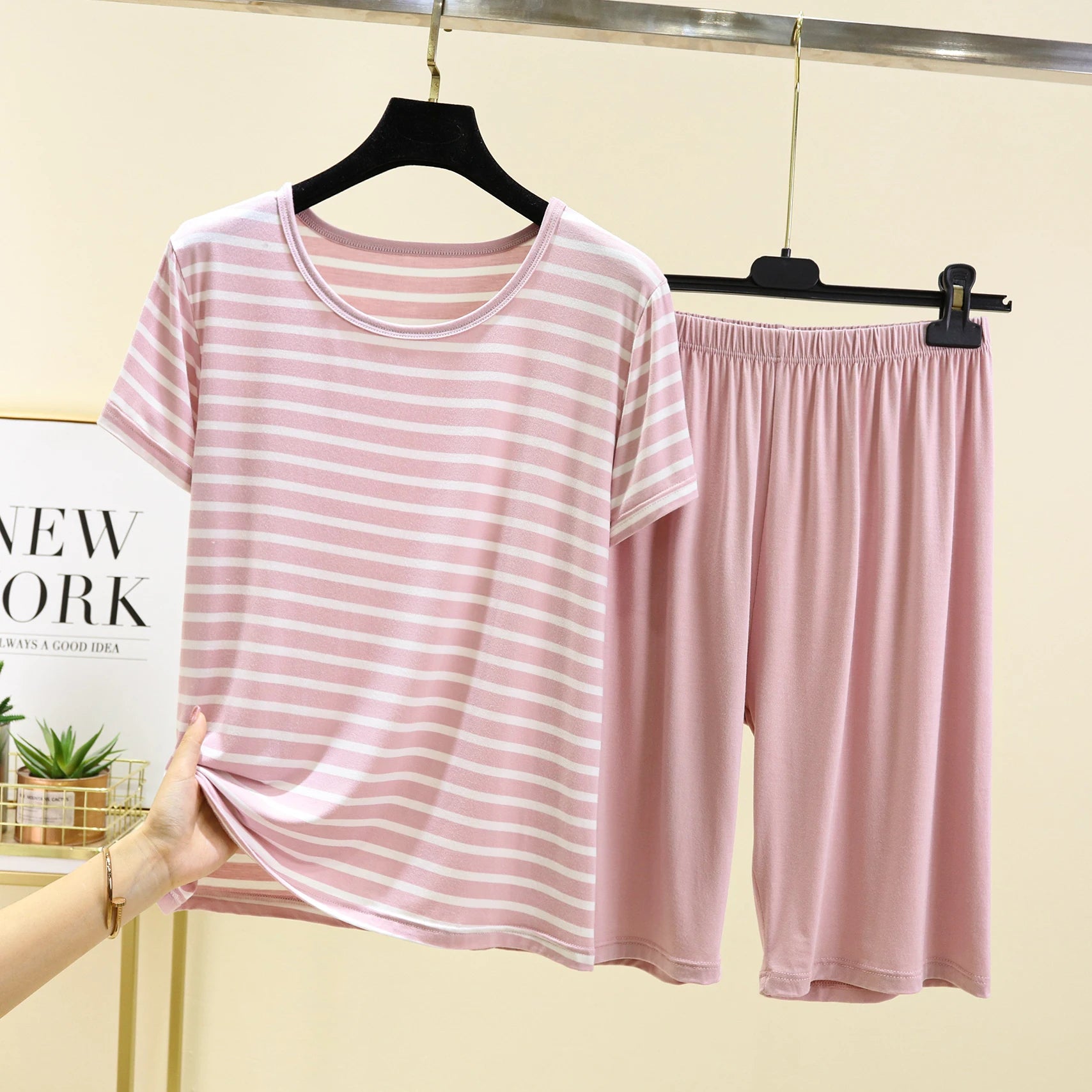 Modal Striped Spwear Set Women Summer Thin Loose ort Sve Casual orts Two Piece Set Comfortable Breathable Nightgown
