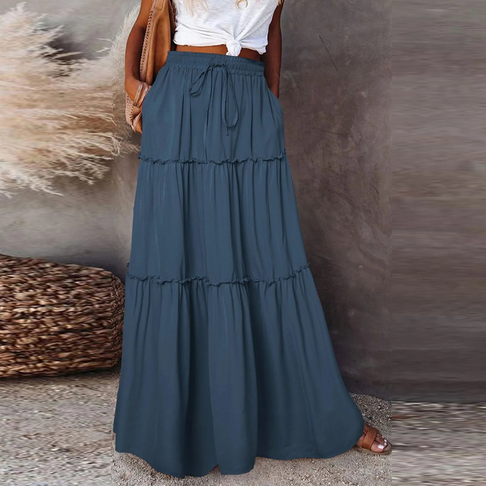 Women's Fashion Solid Color Skirts Ruffled layered skirt High waist elasticated ruffled Tie long skirt summer Loose Skirt faldas
