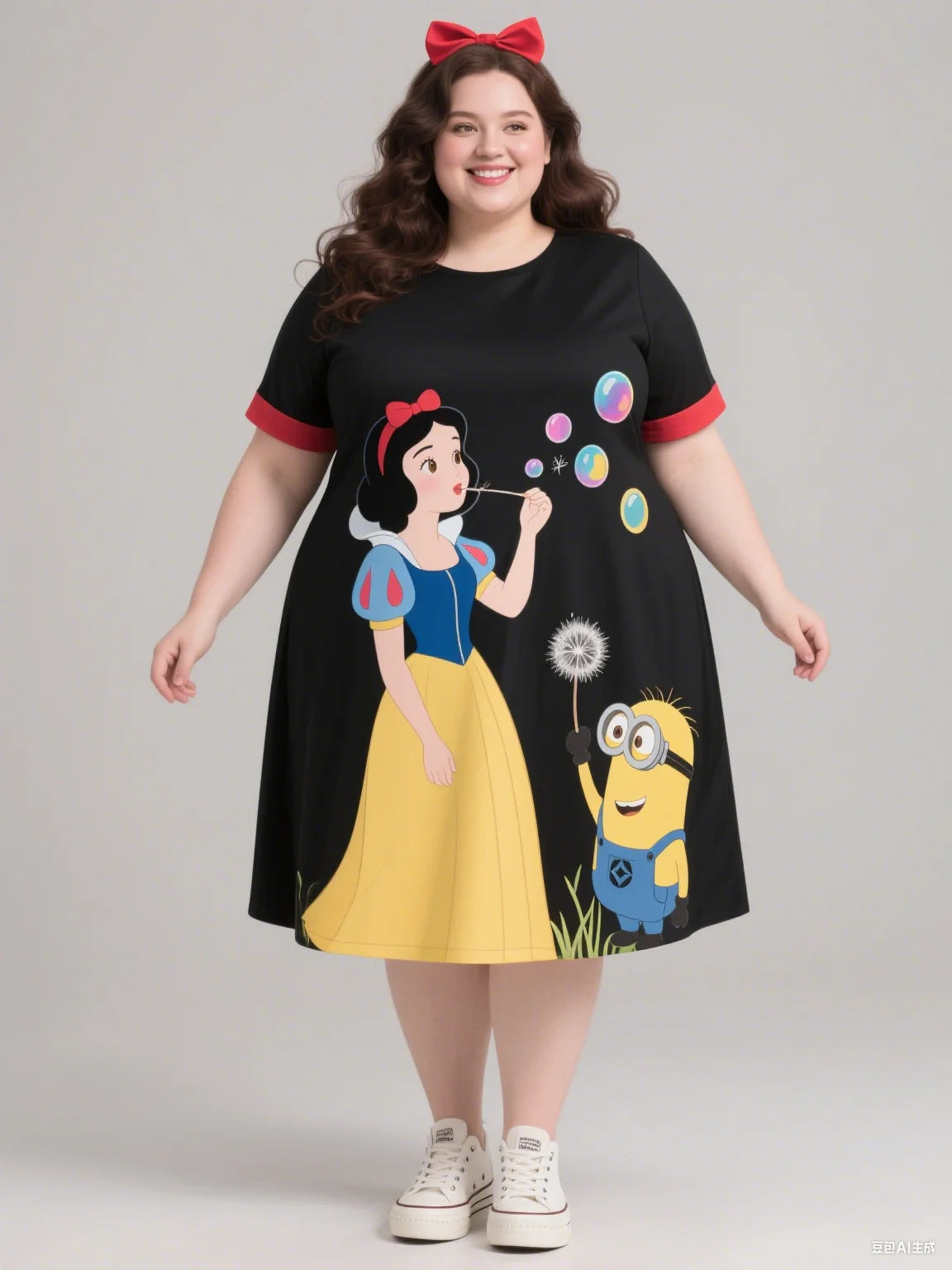2025 Minions And Snow White Print Autumn Plus-Size Women's Dress Women's Sleeveless Round-Neck Dress For Fashionable Outfit