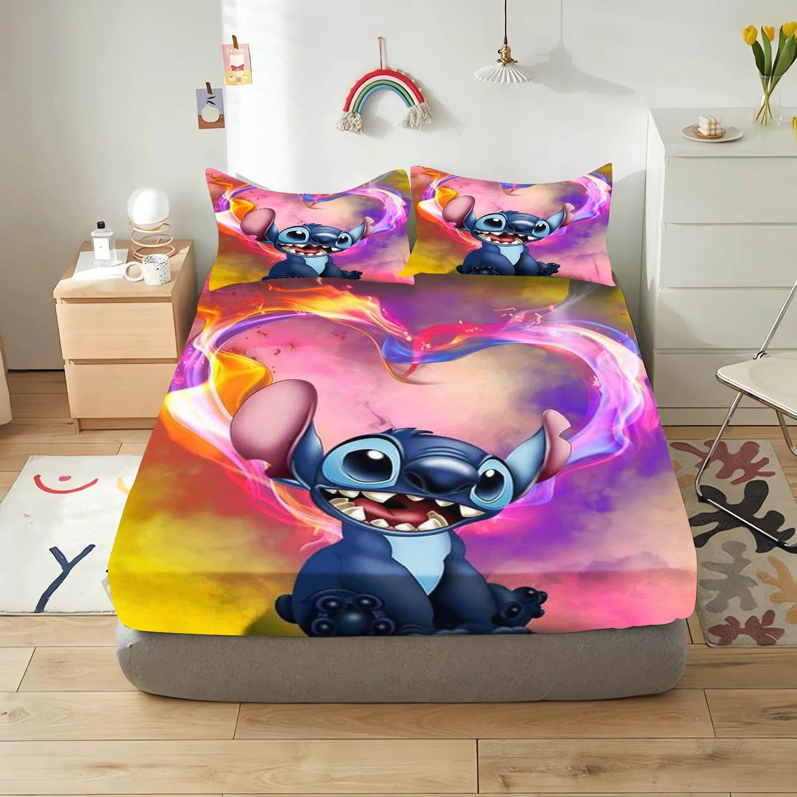 Stitch Cute Printed Cartoon Bedding Set Fitted Sheet Universal, Suitable For Children And Adults Nordica Plush Home Decor