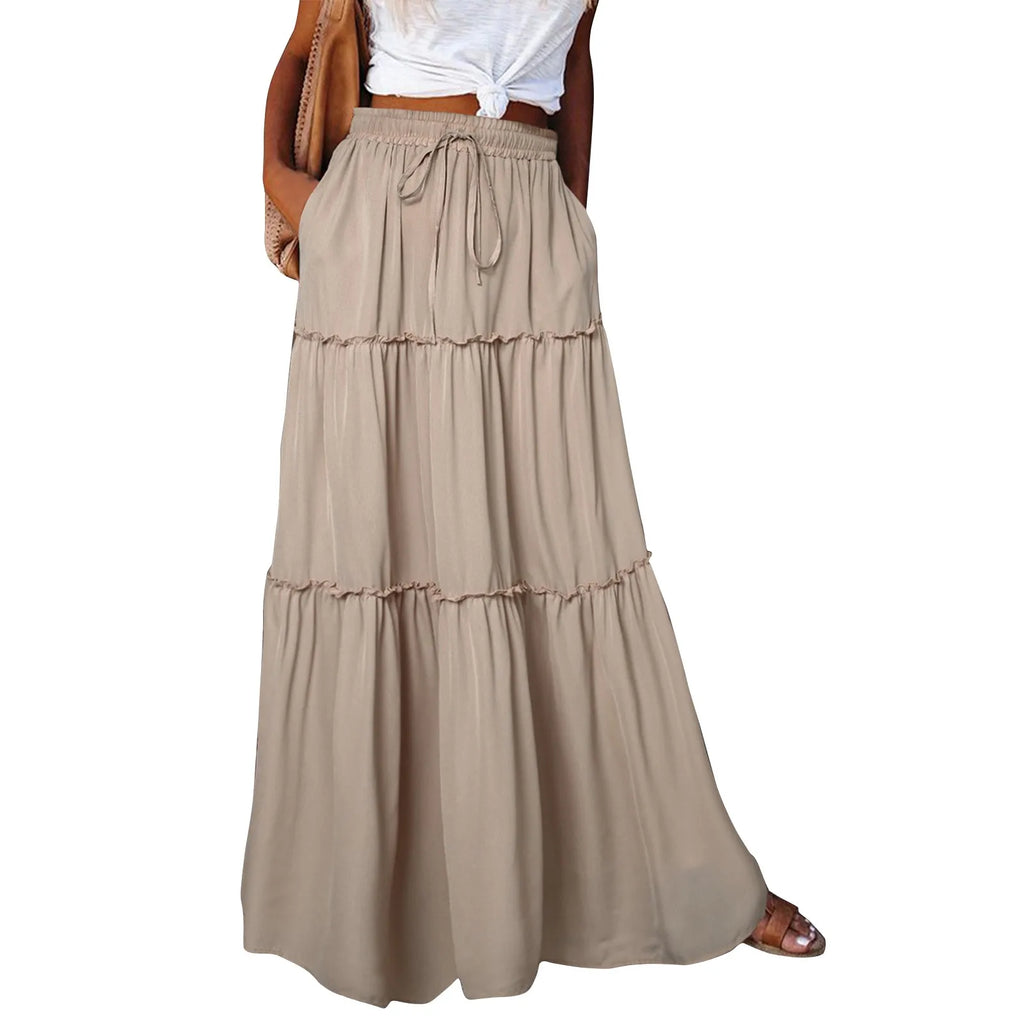 Women's Fashion Solid Color Skirts Ruffled layered skirt High waist elasticated ruffled Tie long skirt summer Loose Skirt faldas