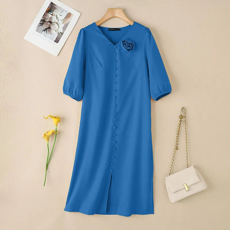Elegant Women Work OL Sundress ZANZEA 2025 New Summer Dress Fashin oV Neck Short Sleeve Party Vestidos Stylish 3D Flowers Dress