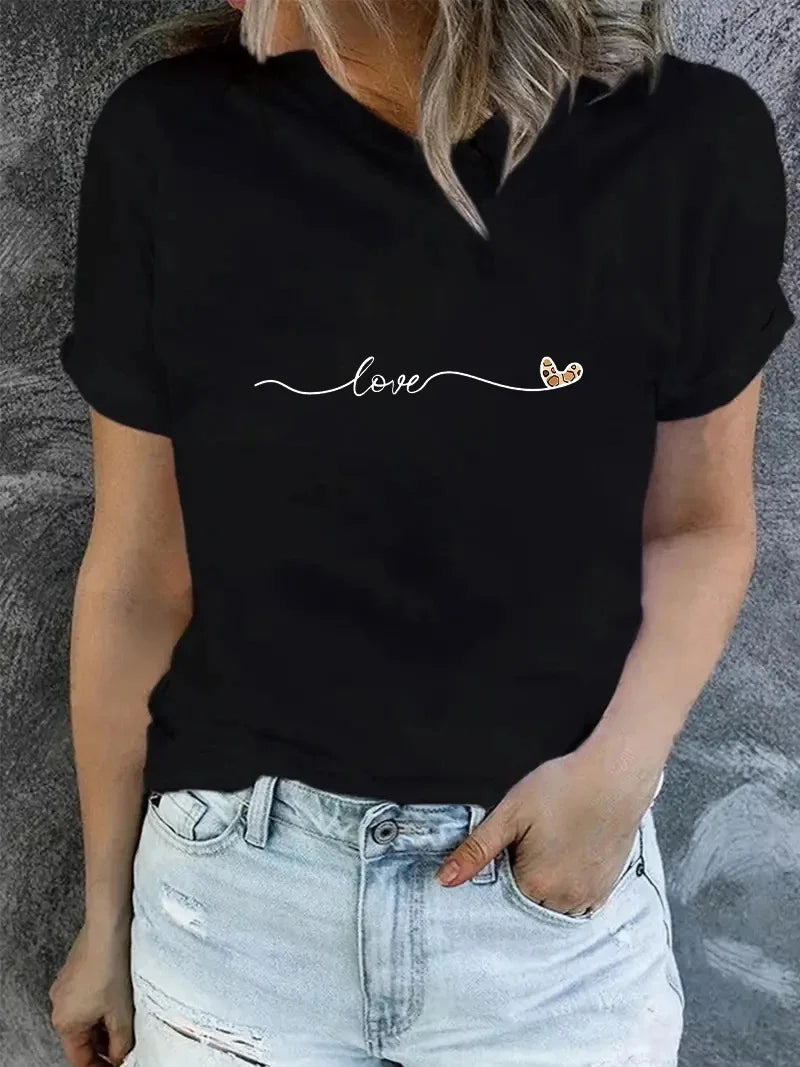 Love Letter Printed Short Sleeved Summer New Round Neck Fashionable Vintage Top Leopard Print Street Plus Size T-Shirt Women