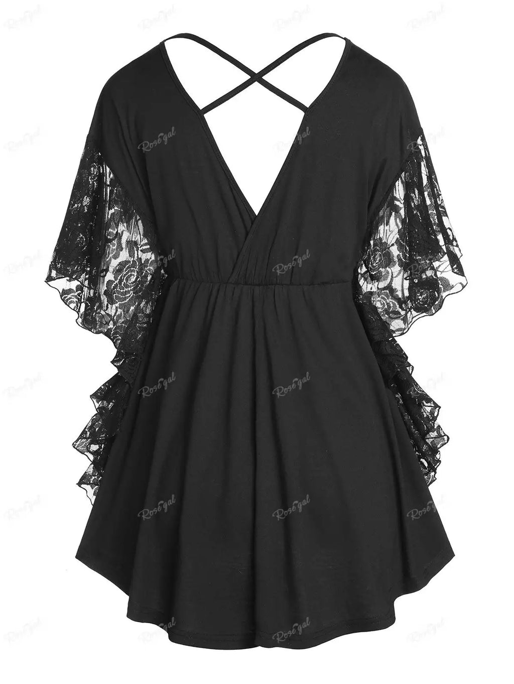 ROSEGAL Plus Size Women   Flower Lace Butterfly Sleeve  Insert Criss Cross V-Neck  Soild Casual T Shirt 2025 casual Streetwear