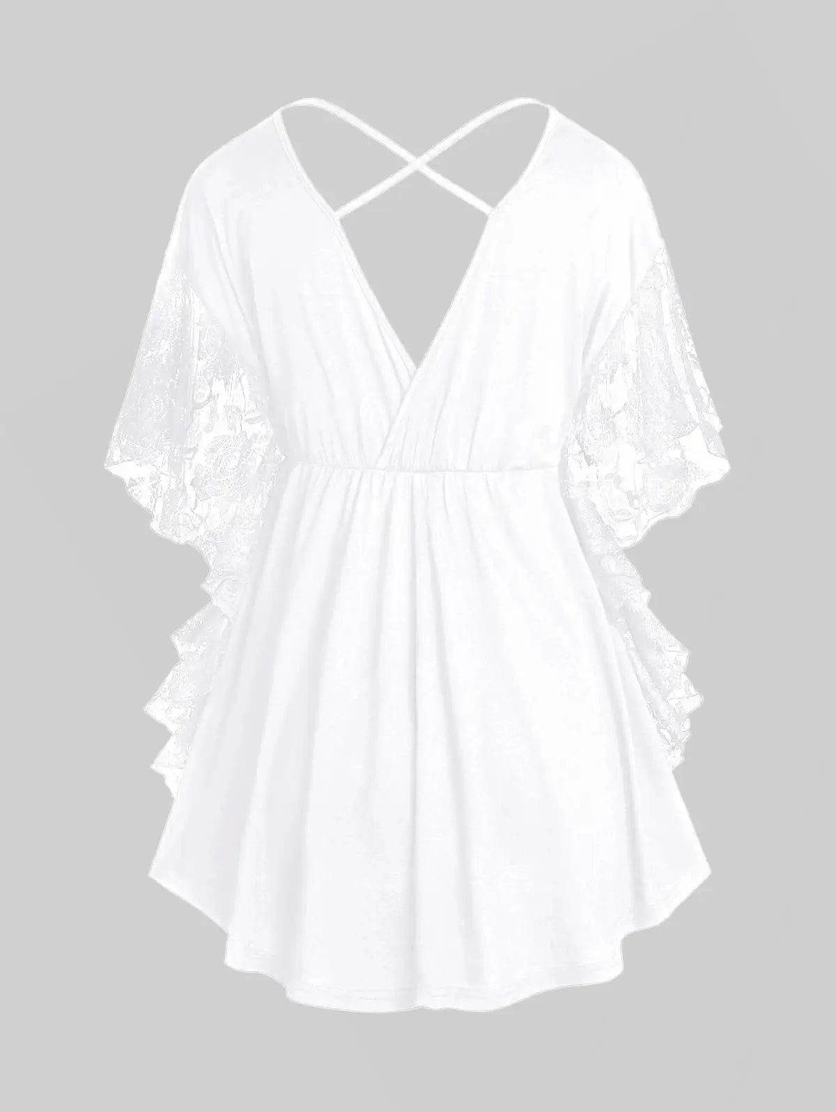 ROSEGAL Plus Size Women   Flower Lace Butterfly Sleeve  Insert Criss Cross V-Neck  Soild Casual T Shirt 2025 casual Streetwear