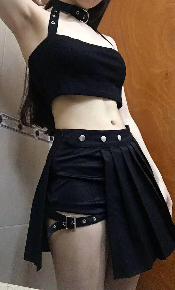 Gothic Skirt Dark Style Pleated Punk Irregular Fake Two-piece Leggings Ring Skirt Pants High Waist A-Line Harajuku Mini Skirts