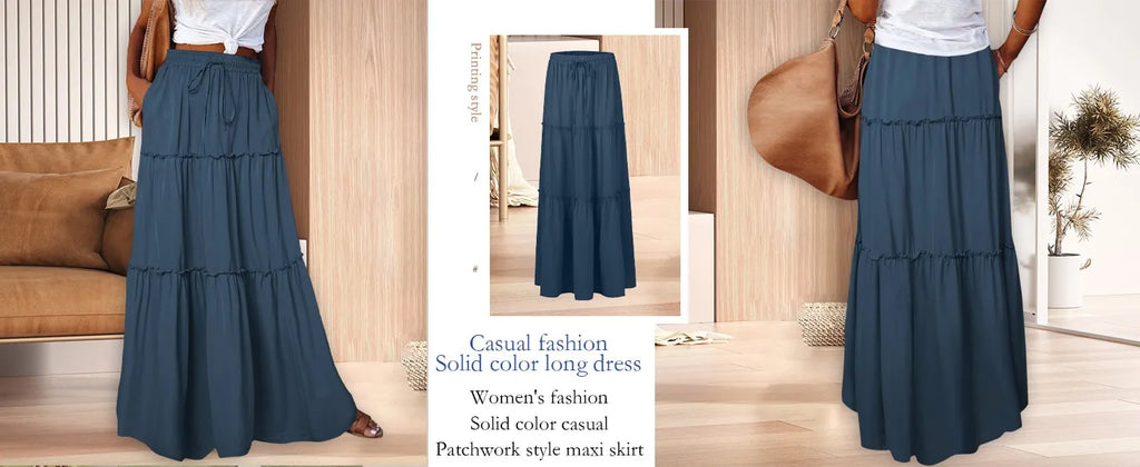 Women's Fashion Solid Color Skirts Ruffled layered skirt High waist elasticated ruffled Tie long skirt summer Loose Skirt faldas