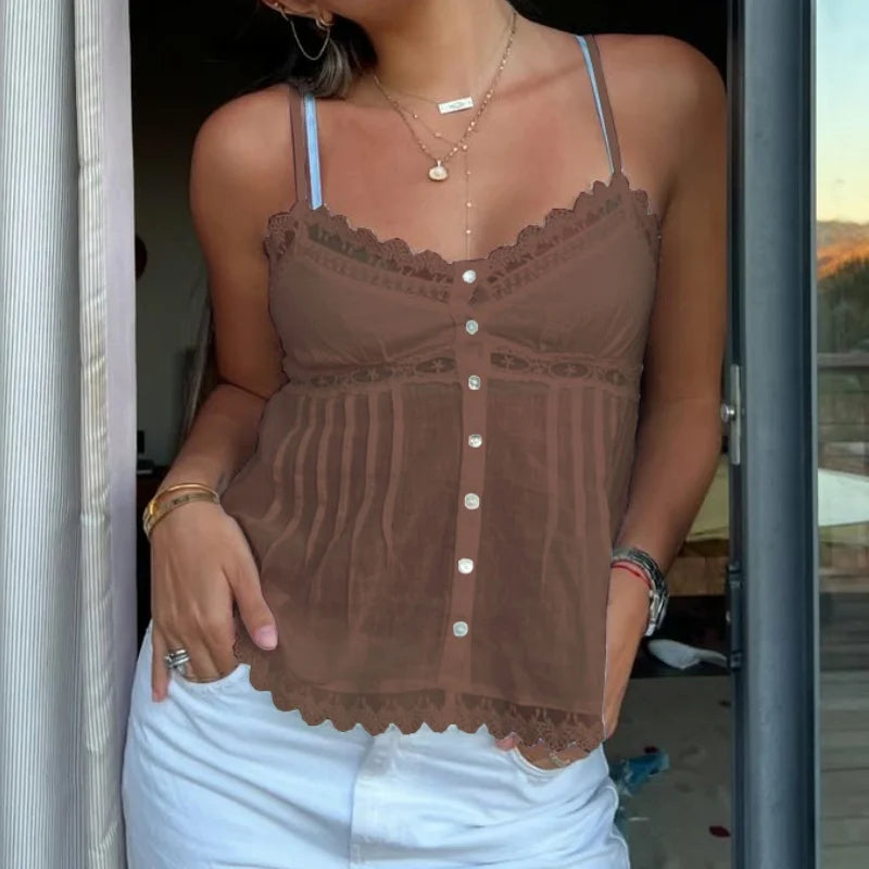 Sweet Y2K Lace Trim Camisole Women's Spaghetti Strap Top Trendy Button up Solid Babydoll Crop Tops Summer Fairycore Milkmaid Top