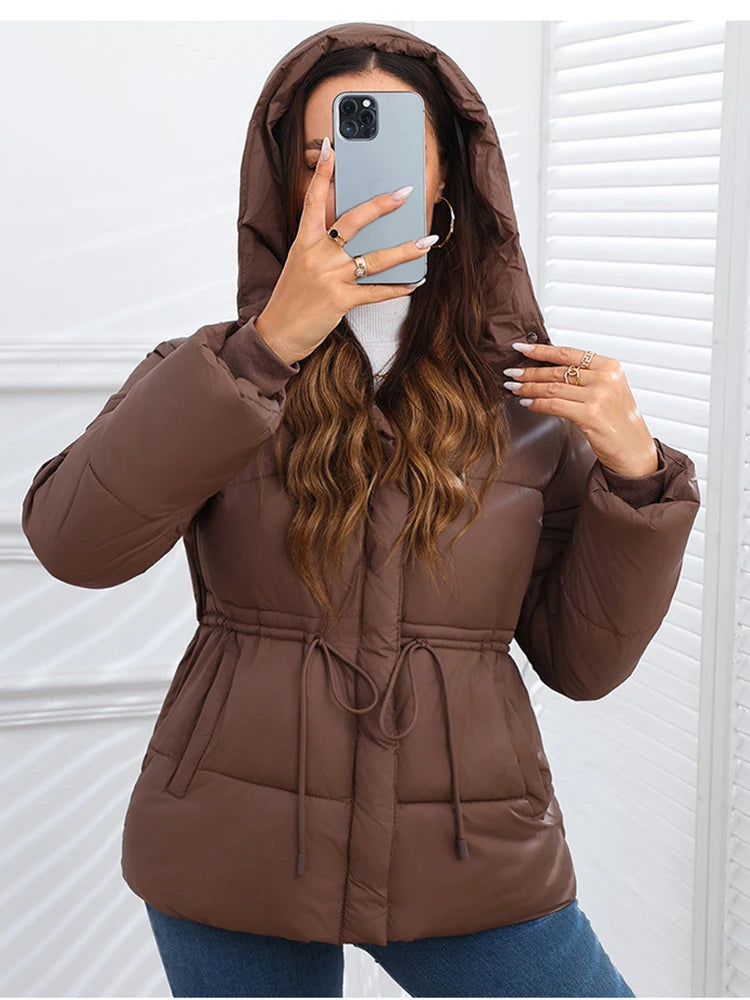 Winter Drawstring Lace-up Snow Women's Warm Down Jacket Hooded Puffer Jacket Women Parkas High Quality Cotton Padded Coat