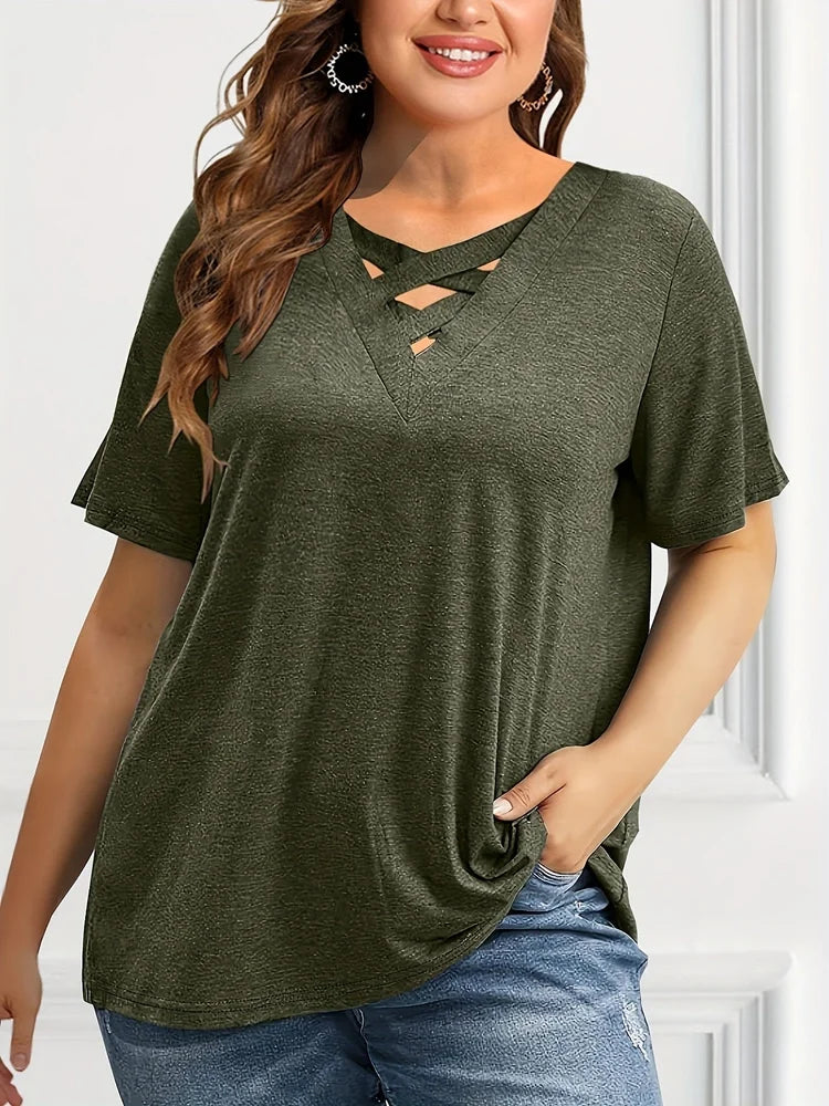 Plus Size Women's T shirt Short Sleeve Solid Cutout Casual Soft Basic Summer Tops 2025 Elegant Vintage Tee Tops for Women