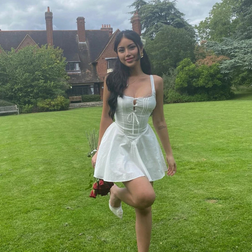 Mingmingxi 2024 Summer Lovely A Line Dress Yellow Sexy Party Dresses Hollow Out Lace Up Elegant Holiday Dress Women