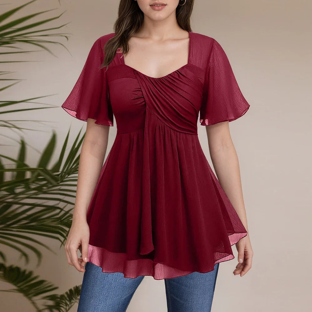 Women Plus Size Elegant Blouse Square Collar Pleated Double Layer Mesh Petal Sleeve Ruffle Hem Casual Summer 2025 New Female Tee