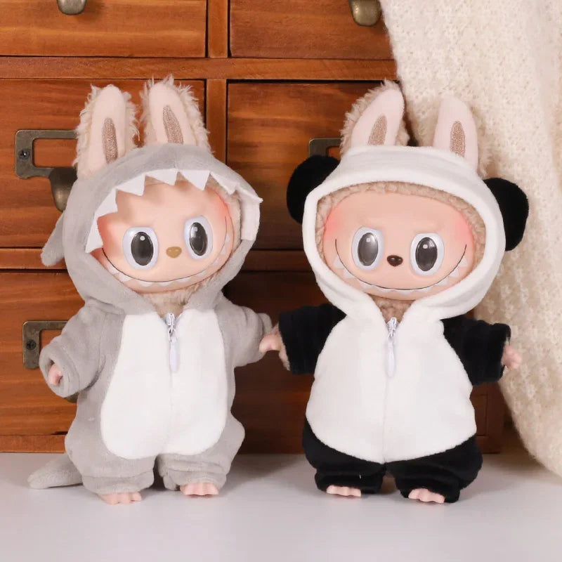 2025 nouveau pour Labubu 17 cm assis  mignon Panda requin dinosaure peluche combinaison ensemble poupée vêtements