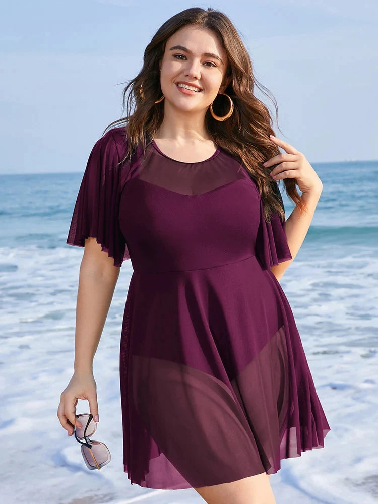 Plus Size Womens One Piece Tummy Control Swimdress Solid Mesh Patchwork Ruffle Sleeve Cover Up Swim Dress Chubby Swimsuit