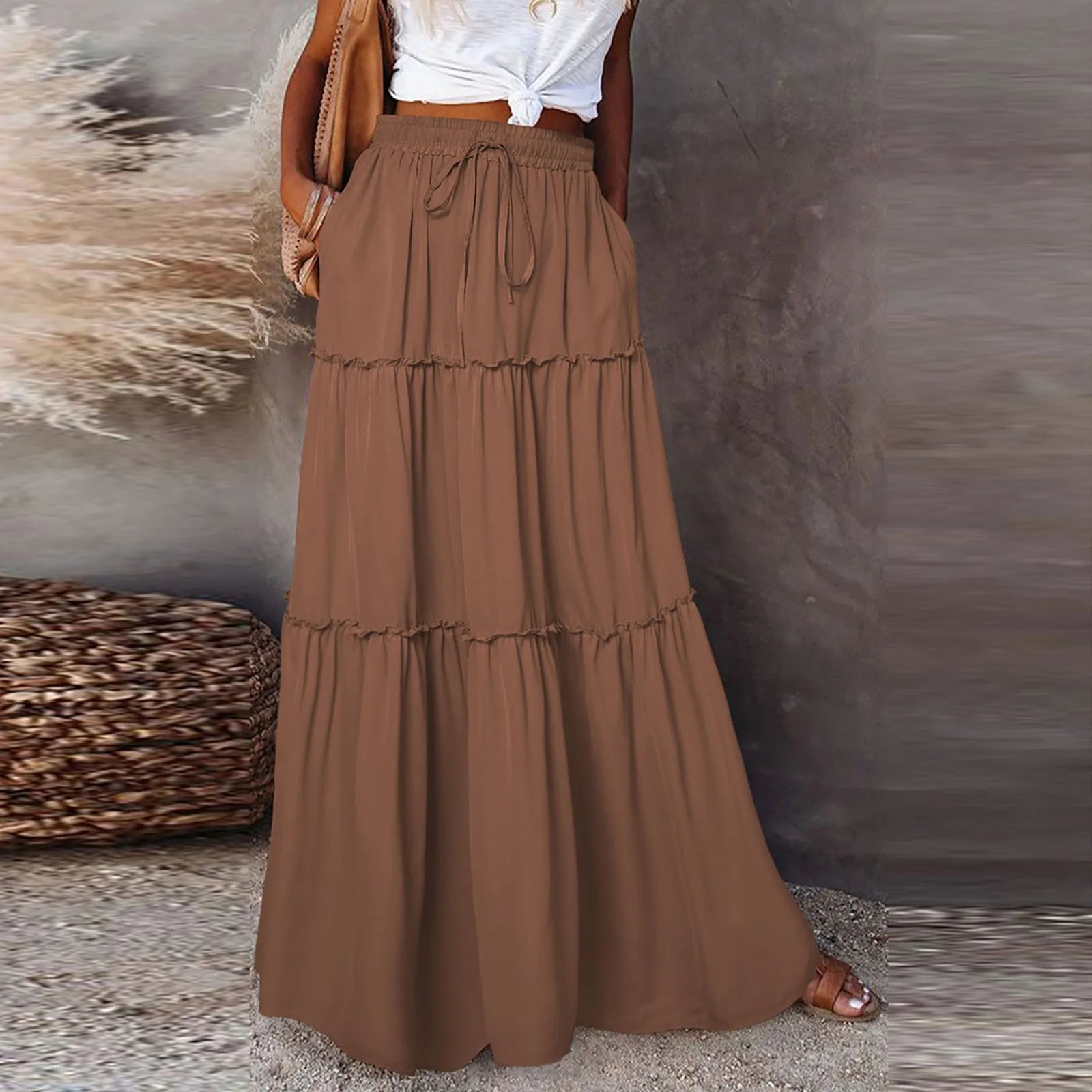 Women's Fashion Solid Color Skirts Ruffled layered skirt High waist elasticated ruffled Tie long skirt summer Loose Skirt faldas