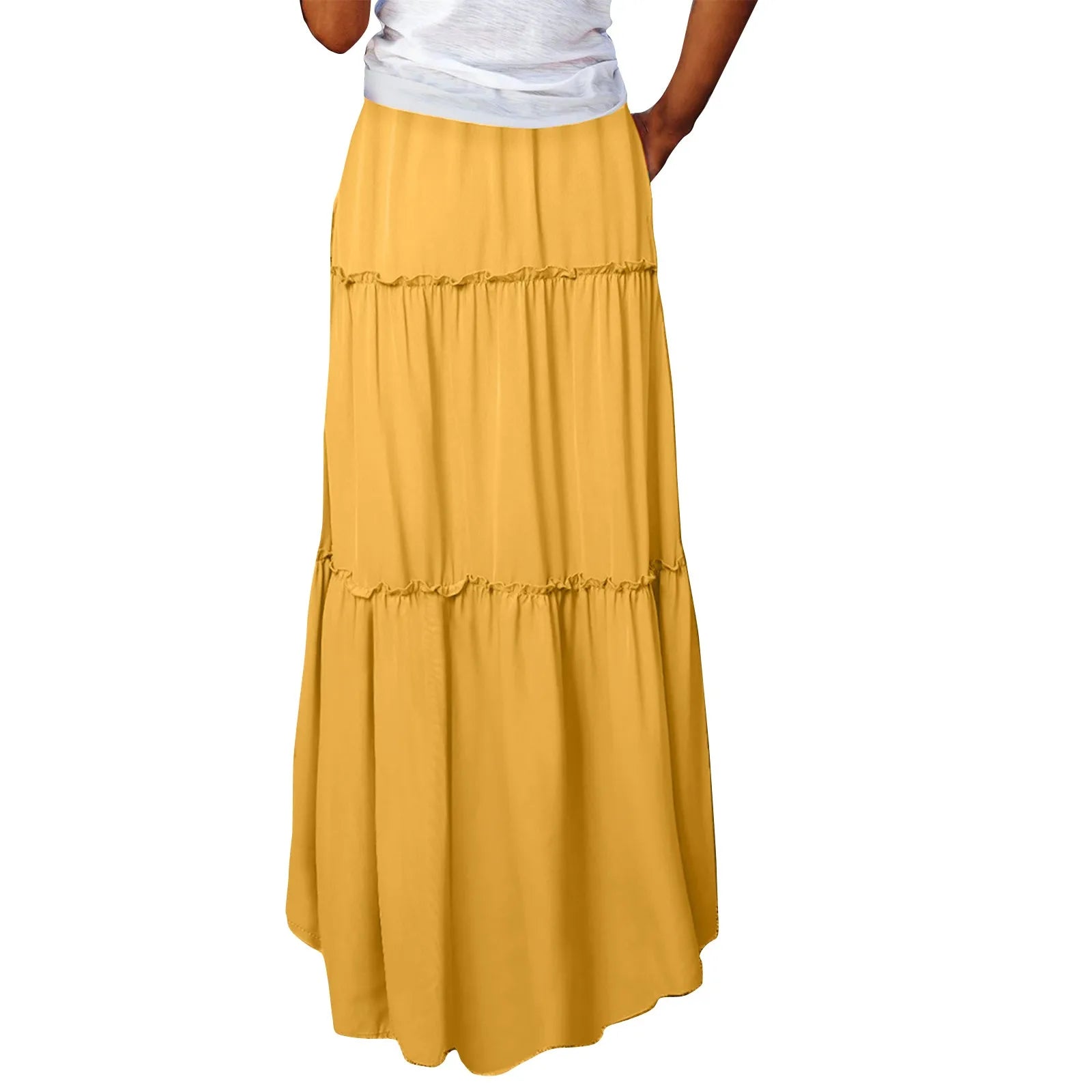 Women's Fashion Solid Color Skirts Ruffled layered skirt High waist elasticated ruffled Tie long skirt summer Loose Skirt faldas