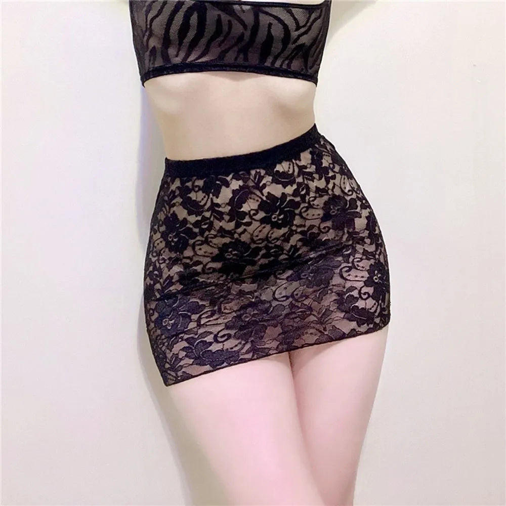 Women Sexy Erotic Slim Fit Lace See Through Wrap Hip Sheer Underdress Tight Lingerie Clubwear Allure Female Ultrashort Skirt