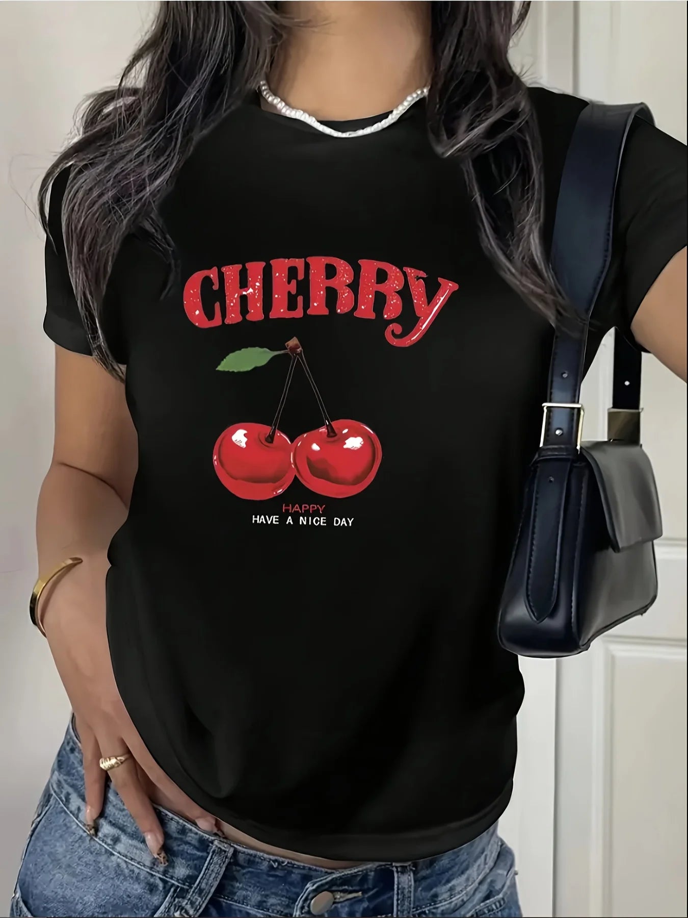 Polyester Tee with Geometric PatternAll Season Comfort Women'S Casual Cherry Print T-Shirt Short Sleeve
