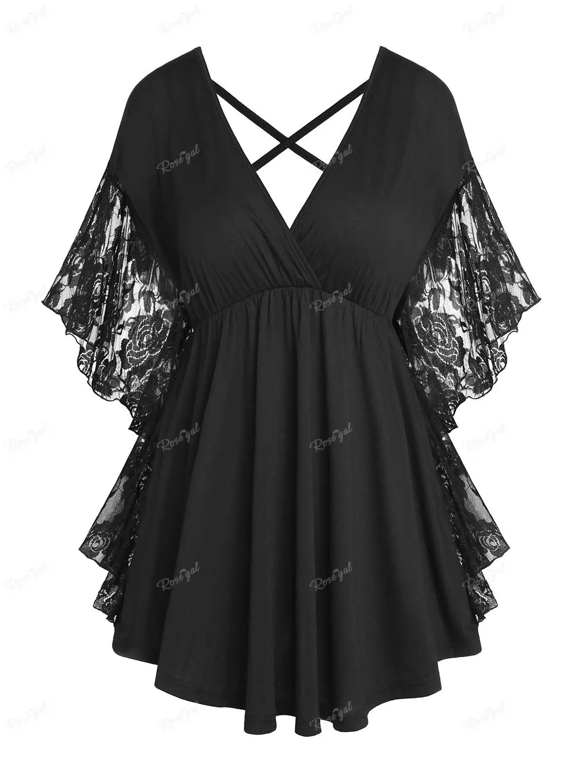 ROSEGAL Plus Size Women   Flower Lace Butterfly Sleeve  Insert Criss Cross V-Neck  Soild Casual T Shirt 2025 casual Streetwear