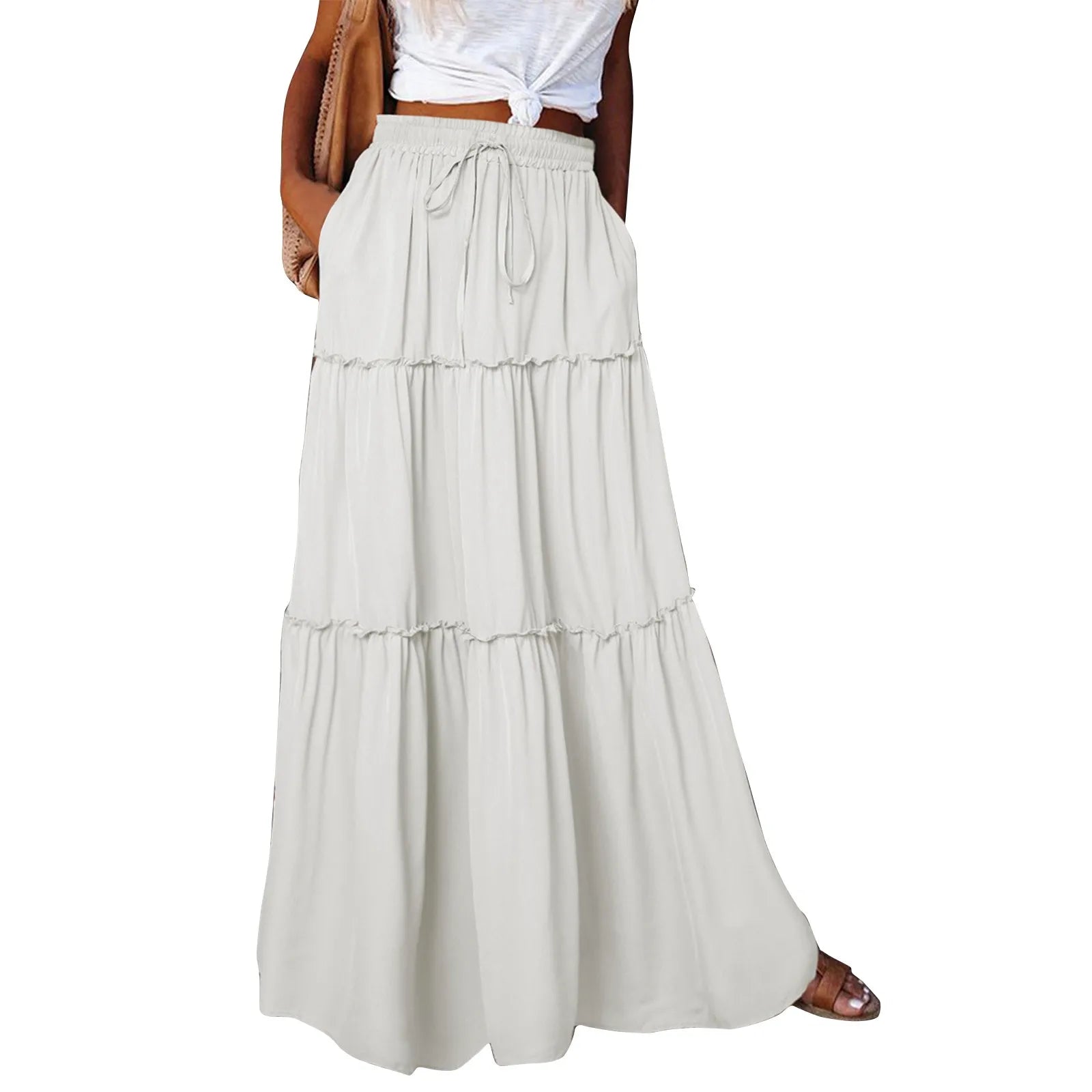 Women's Fashion Solid Color Skirts Ruffled layered skirt High waist elasticated ruffled Tie long skirt summer Loose Skirt faldas