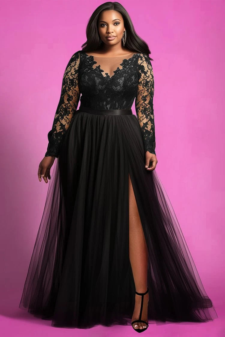 Plus Size Dress for Women Mesh Sexy V-neck See Through Lace Organza Evening Maxi Dress Long Sleeve Elegant Party Cocktail Dress