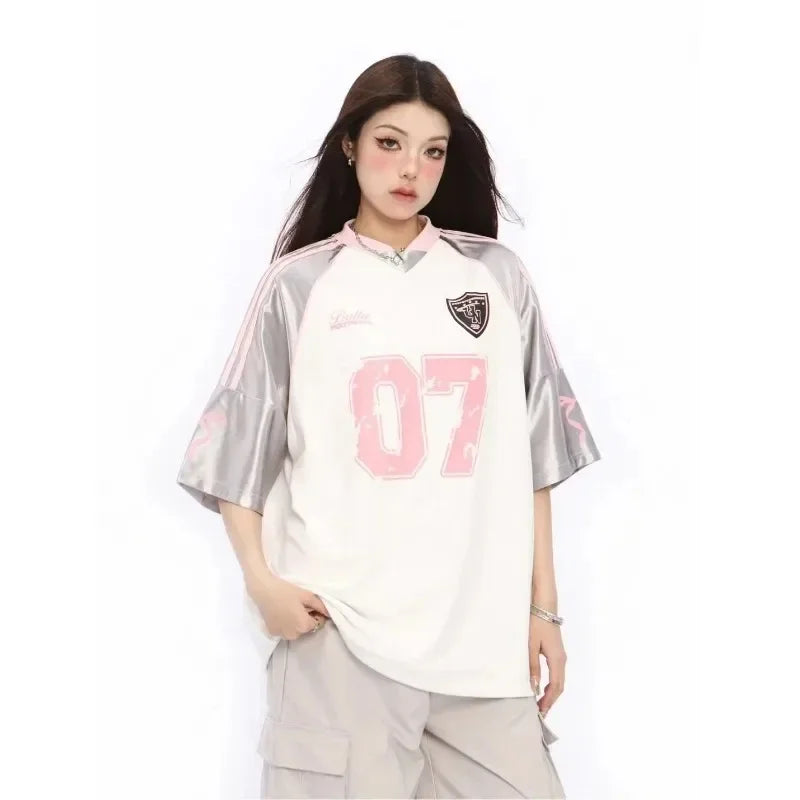 2024 Summer New Retro Casual Women Athletes T-shirt Short Sleeve Loose V-neck Fashion Plus Size Sweatshirt T-shirt Top Clothing