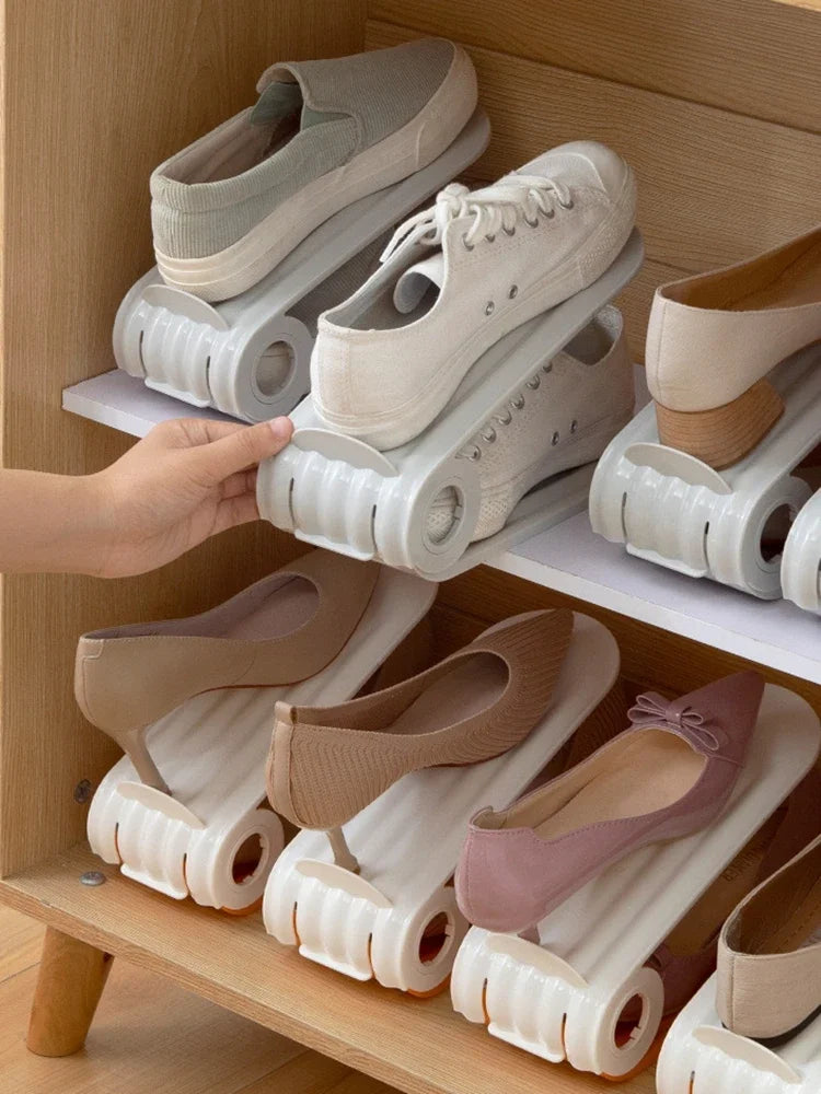 2pcs/set Adjustable Shoe Support Rack Double Layer PP Shoe Slots Organizer Adjustable Height Space Saving Orderly Organization