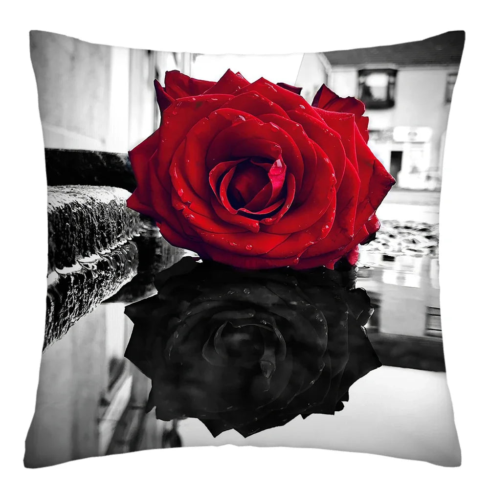 Poetic Red Rose Flower Print Polyester Pillowcase Sofa Cushion Cover Home Improvement  Decor Square 45x45