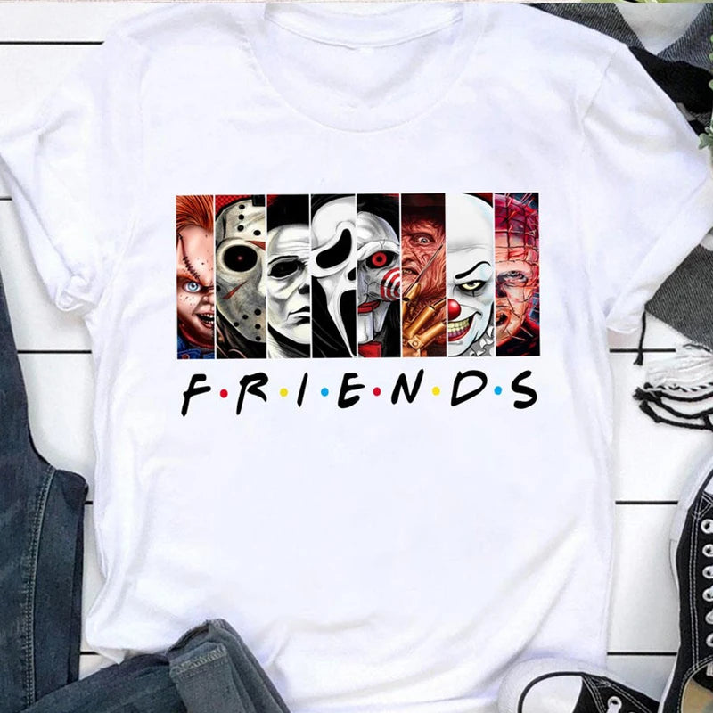 Meilleurs personnages d'horreur de Stephen King T-shirt imprimé Friends Cartoon pour femmes Hauts en coton Vêtements d'Halloween pour femmes et hommes Grandes tailles