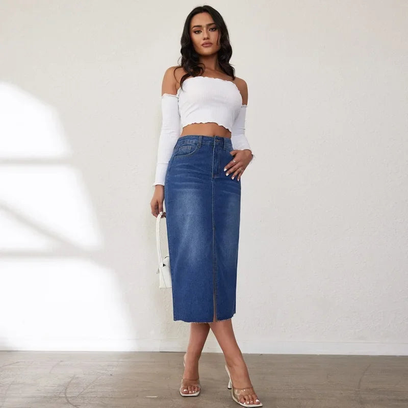 High-Waisted Medium-Length Denim Skirt For Women A- Line Half-Length Underwear