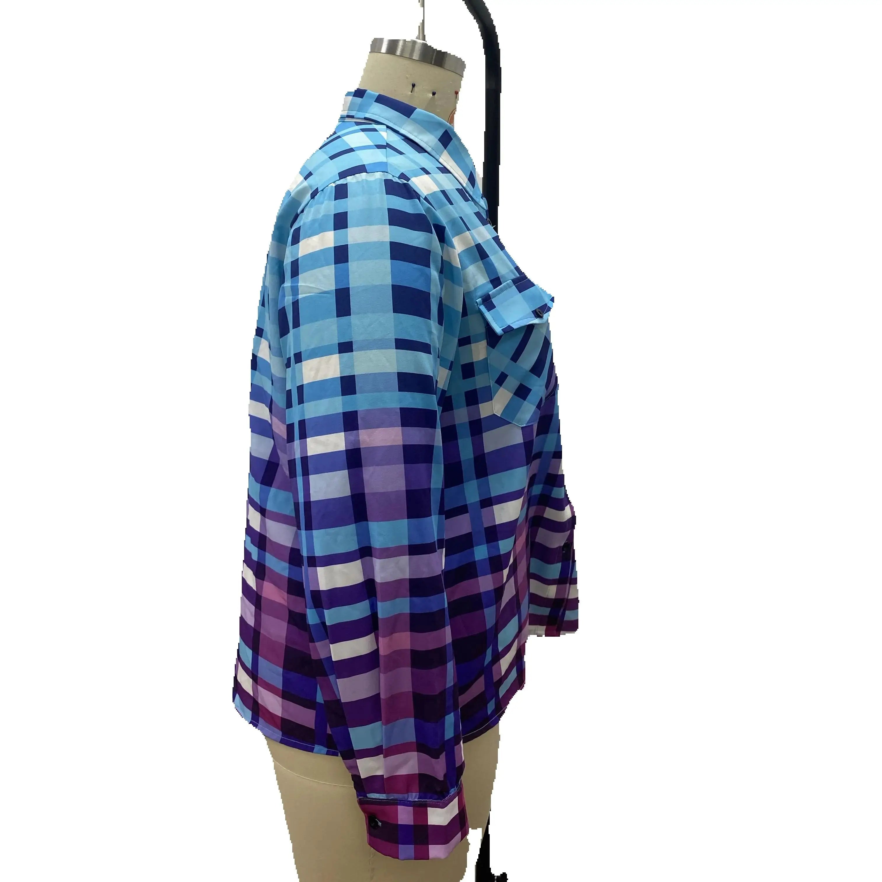 Gradient checkered pocket lapel shirt