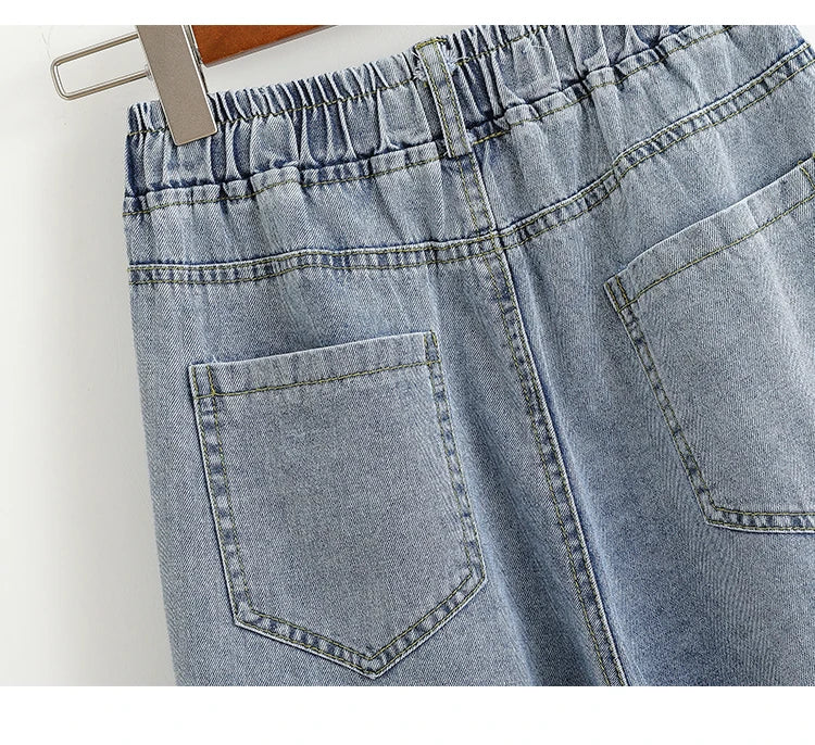 Plus Size Jeans For Women New 2025 High Elastic Waist Wide Leg Denim Pants With Pockets Korean Style Fashion Tassel Loose Jeans