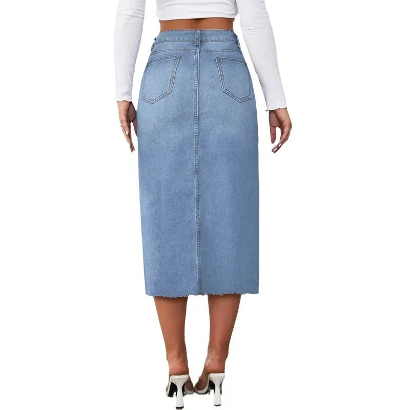 High-Waisted Medium-Length Denim Skirt For Women A- Line Half-Length Underwear